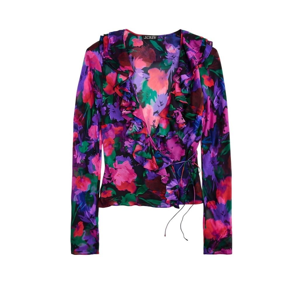 J.Crew Floral Ruffle Wrap Top Women 12 Purple Romantic Boho Chiffon Blouse Sheer